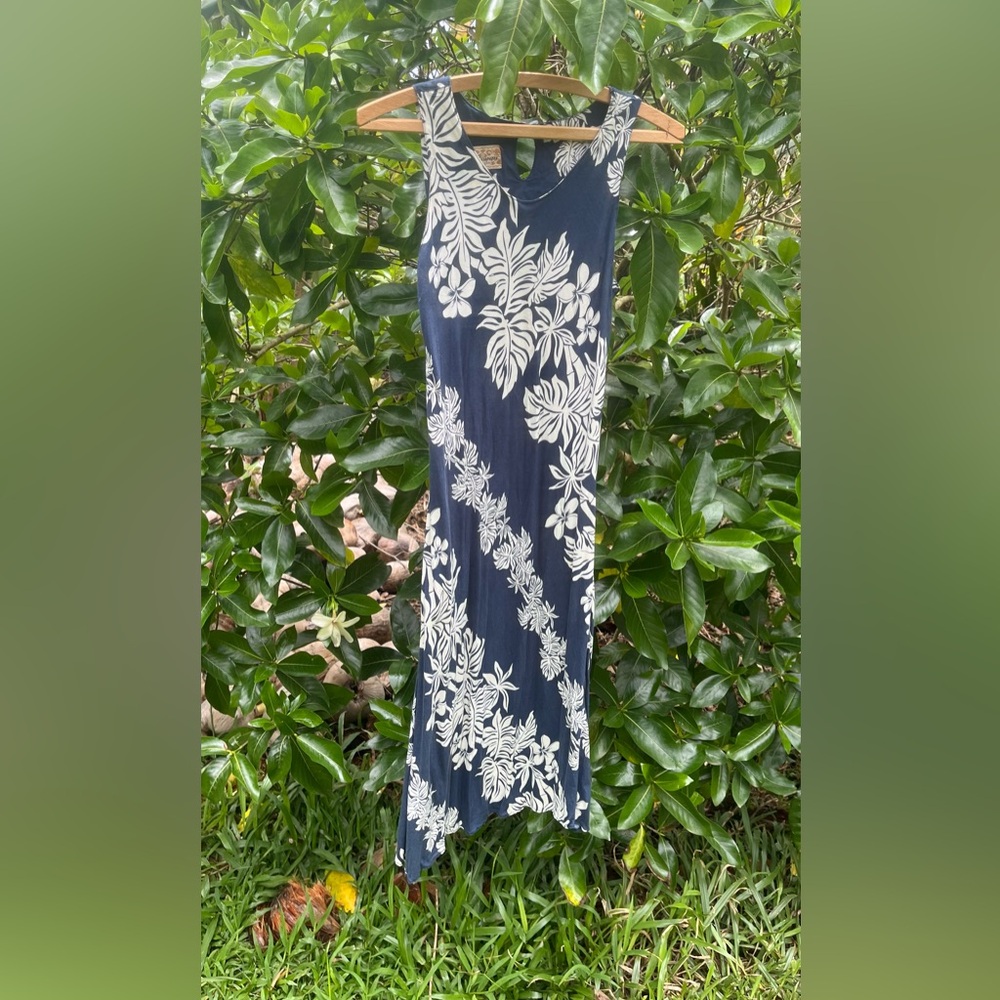Blue Hawaii short dress sizeS Plumeria Bamboo Monstera leaf motif